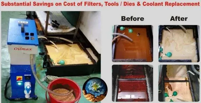 Oilmax sump cleaning equipment with before-and-after coolant condition